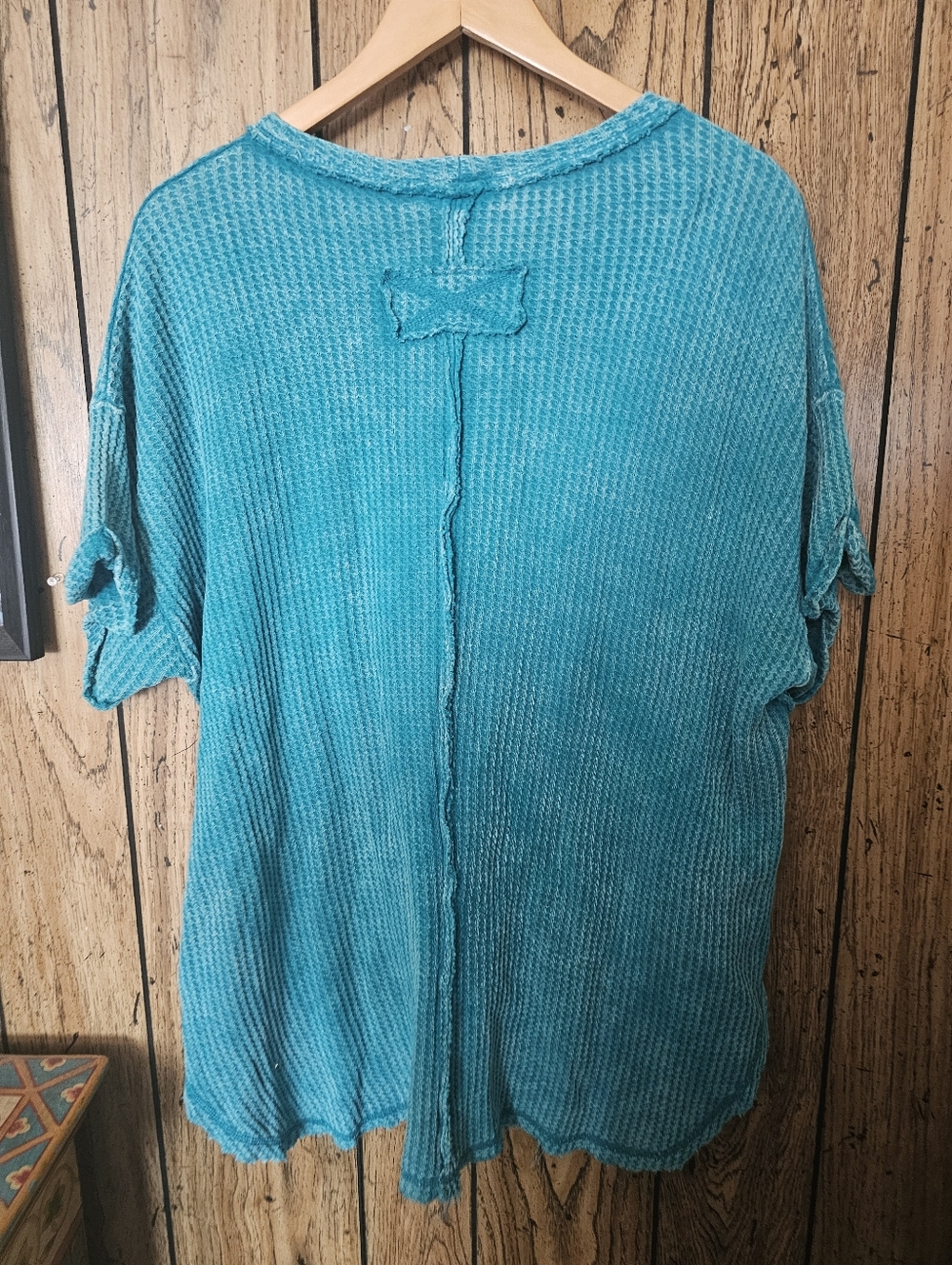 ZENANA Teal Waffle Knit Exposed Seam Oversized Boho Short Sleeve Top - L / XL - Picture 5 of 7